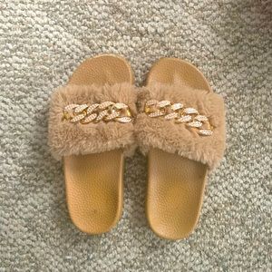 Tan faux fur slides